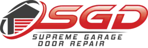 Supreme Garage Door Repair logo featuring a black house icon with a red garage door and the letters SGD.