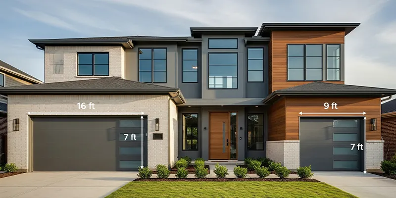 Common garage door sizes shown on a Dallas home with 16x7 double and 9x7 single doors