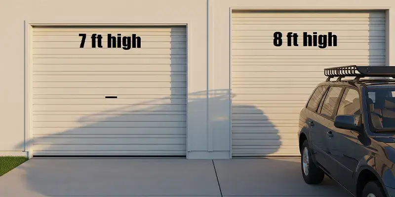 Standard garage door height comparison showing 7 ft vs 8 ft with SUV clearance