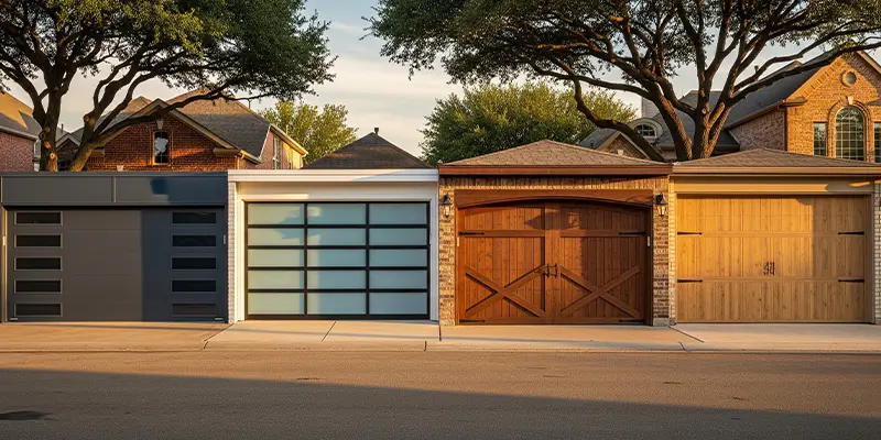 Steel, aluminum, wood, and composite garage doors side by side on Dallas homes for material comparison