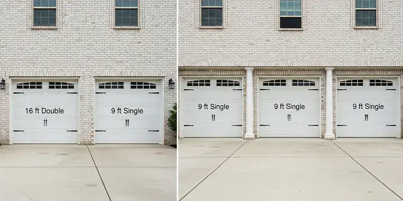 Three car garage door configurations with double plus single and three singles