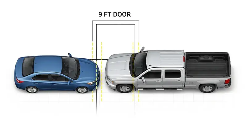 Vehicle mirror clearance inside a 9 ft wide single garage door
