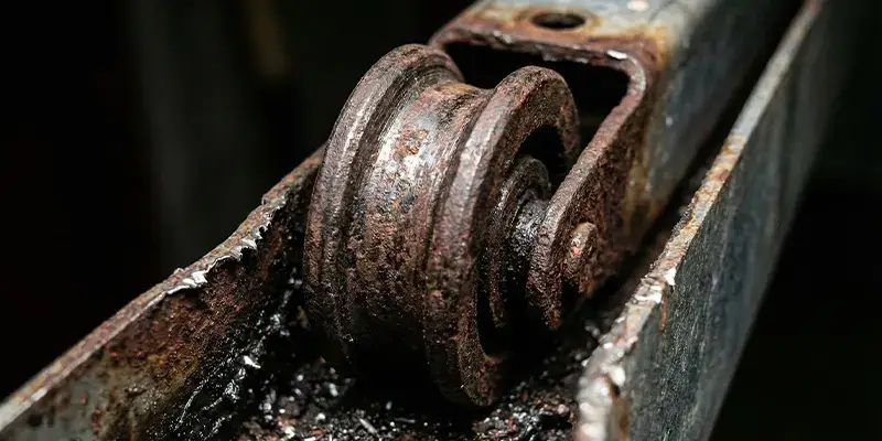 Rusted and worn steel garage door roller inside a track showing signs of failure