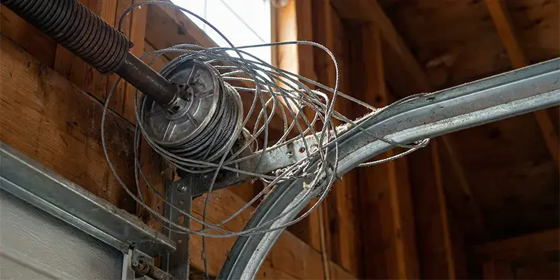 Tangled and loose garage door cable that has come off the torsion drum