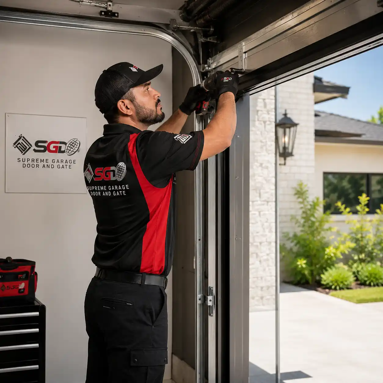 Garage door technician working on a residential garage door