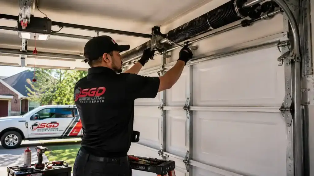 Garage door repair technician in a black SGD shirt fixes a coiled torsion spring inside a residential garage.