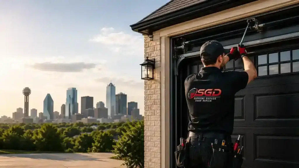 Garage door technician inspecting springs and hardware at a residential garage door in Dallas Texas
