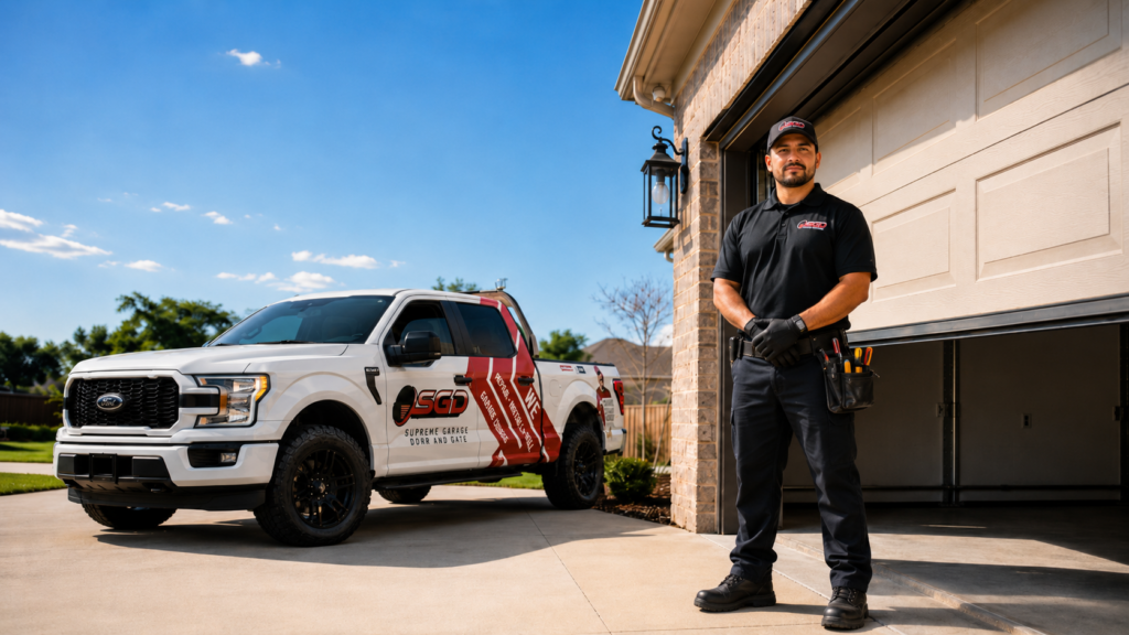 Service technician in a black uniform stands with folded arms beside a white SGD-branded pickup truck in a suburban driveway near an open garage door, sunny day.