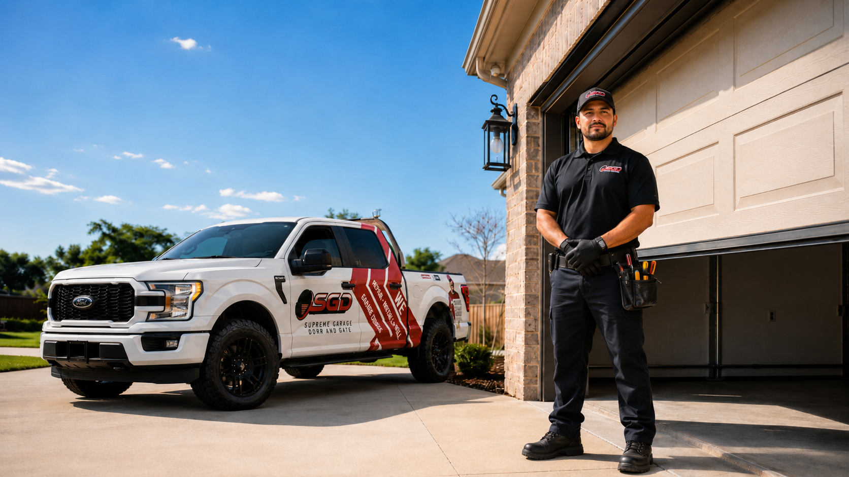 Service technician in a black uniform stands with folded arms beside a white SGD-branded pickup truck in a suburban driveway near an open garage door, sunny day.