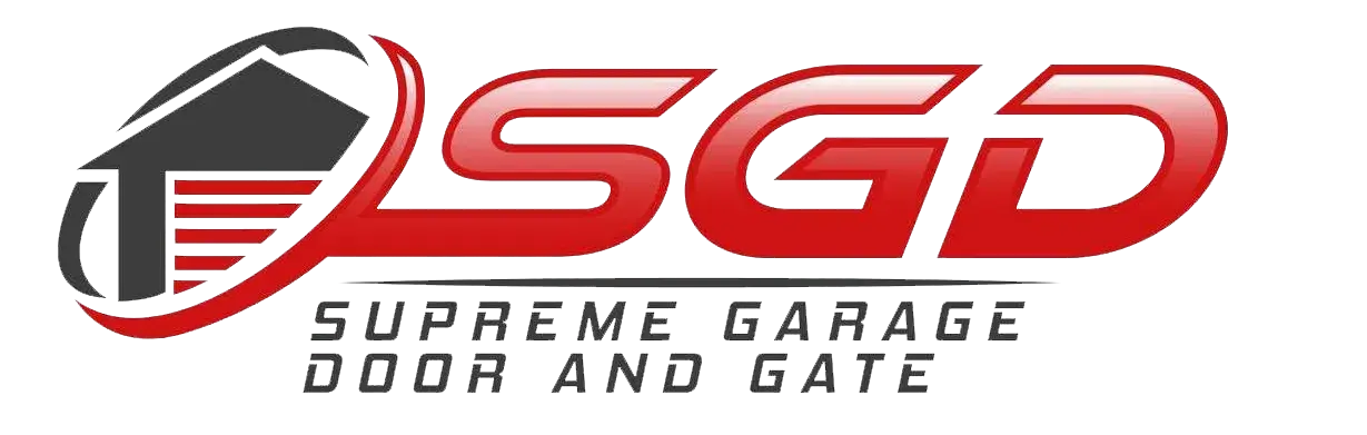 Supreme Garage Door and Gate SGD logo with red lettering, garage icon, and transparent background.