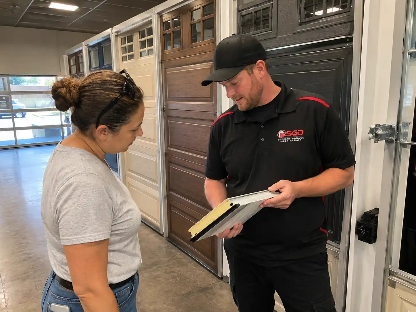 Homeowner comparing insulated garage door styles and construction options in a Dallas showroom
