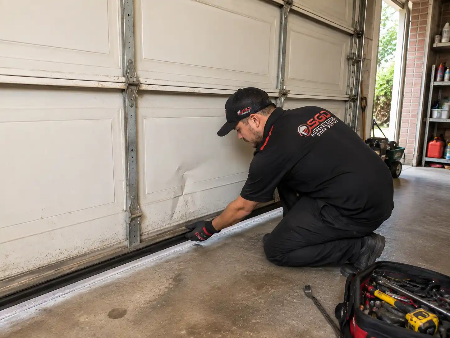 Garage door technician inspecting an aging door for repair or replacement in Dallas