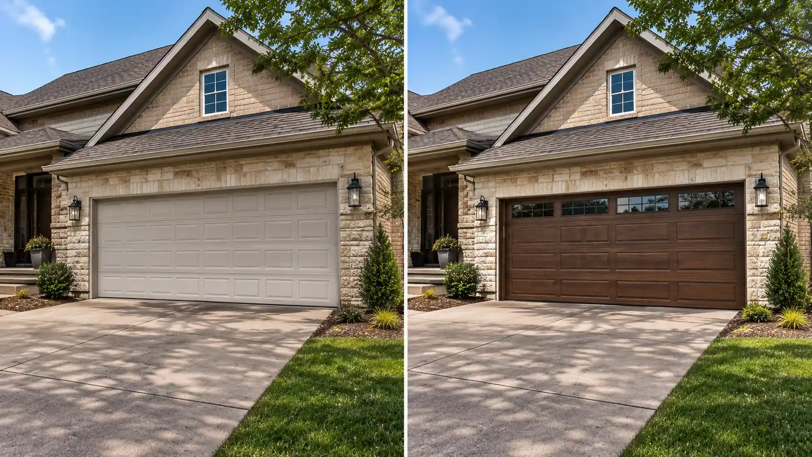 Before and after garage door replacement on a Dallas Texas home