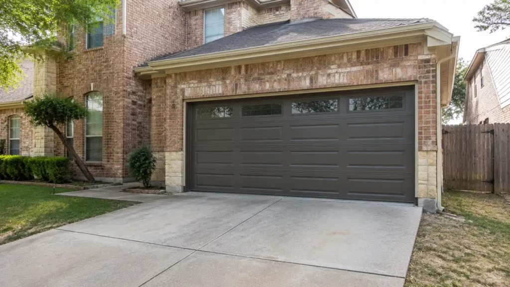 Brick suburban home with a dark gray two-car garage door, small window panes, and a concrete driveway; lawn and trimmed shrubs flank the entrance.